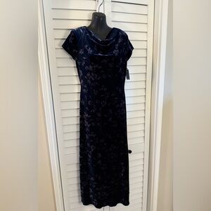 David Warren Elegant Navy Floral Velvet Stretch Maxi Dress Size 4 Petite NWT